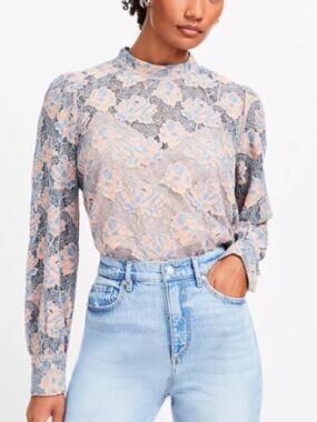 Ann Taylor Loft NWTs Floral Lace Mock-Neck Long-Sleeve Top Peach Blue size large